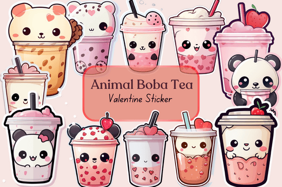 Animal Boba Tea Valentine Sticker: A Playful Design Asset