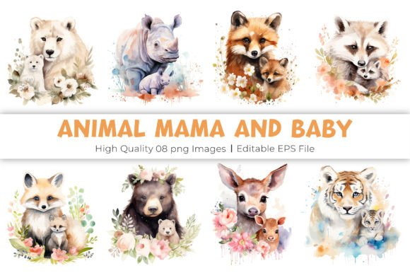 Cute Animal Mama and Baby Clipart: A Watercolor Wonder