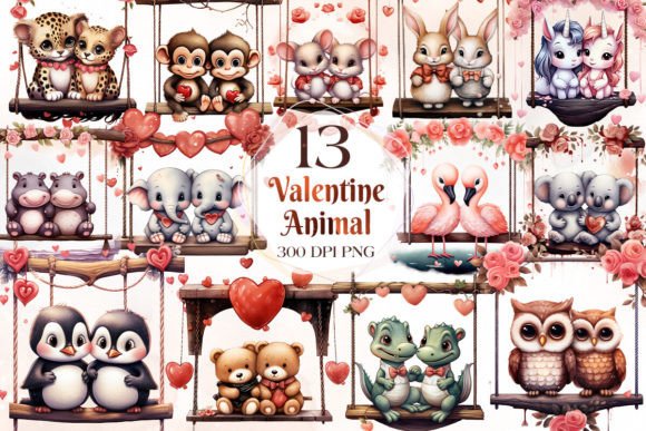 Cute Valentine Animal on Swings Clipart: Sweet, Playful Design Assets