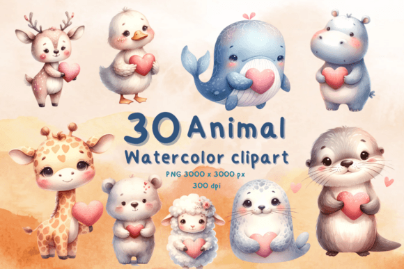 Valentine Watercolor Animal Hold Heart: A Charming Clipart Set